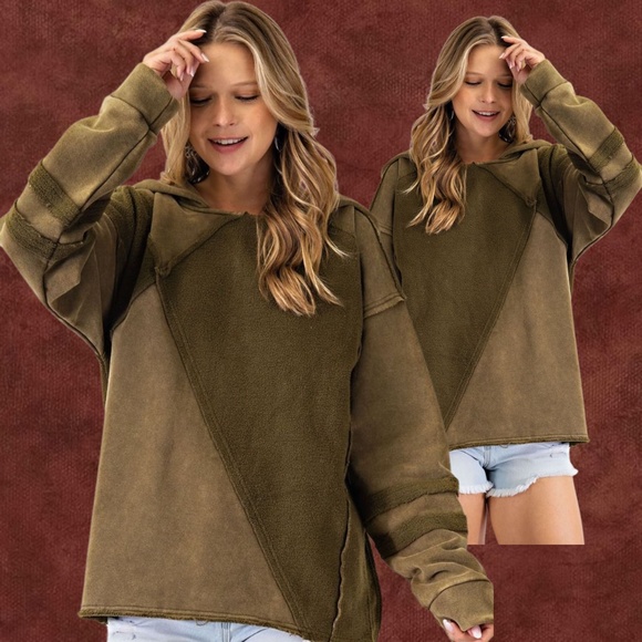 EASEL "Keep You Happy" Lux Brushed Cotton Blend Loose Pullover Hoodie Mix Fabric - Picture 8 of 16